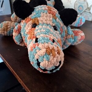 handmade crochet plushie stuffed animal dragon blue, orange, tan, cream, 34 in